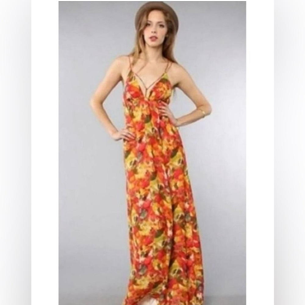 BB Dakota Orange Red Floral Watercolor Maxi Dress V Neck Plunge